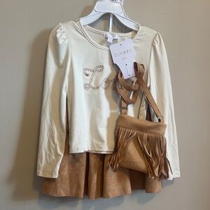 btween Cream Top with Tan Fringe Crossbody & Skirt
